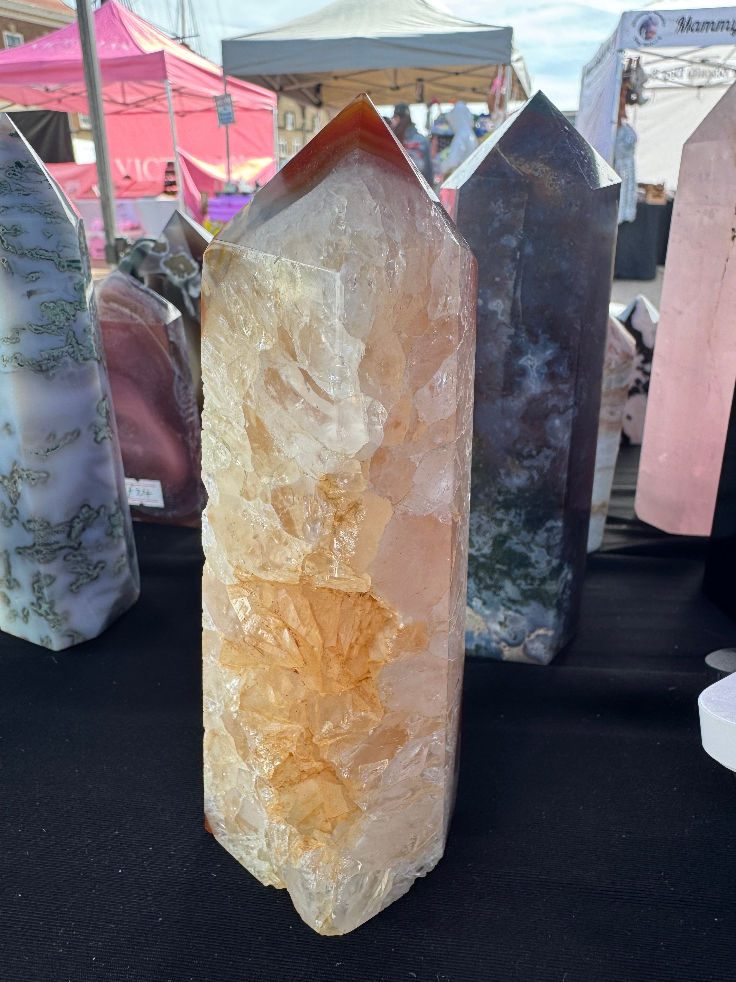 Carnelian tower with druzy pockets