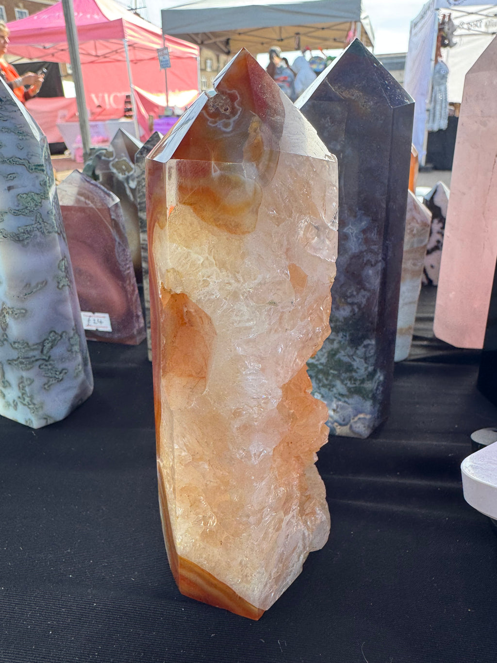 Carnelian tower with druzy pockets